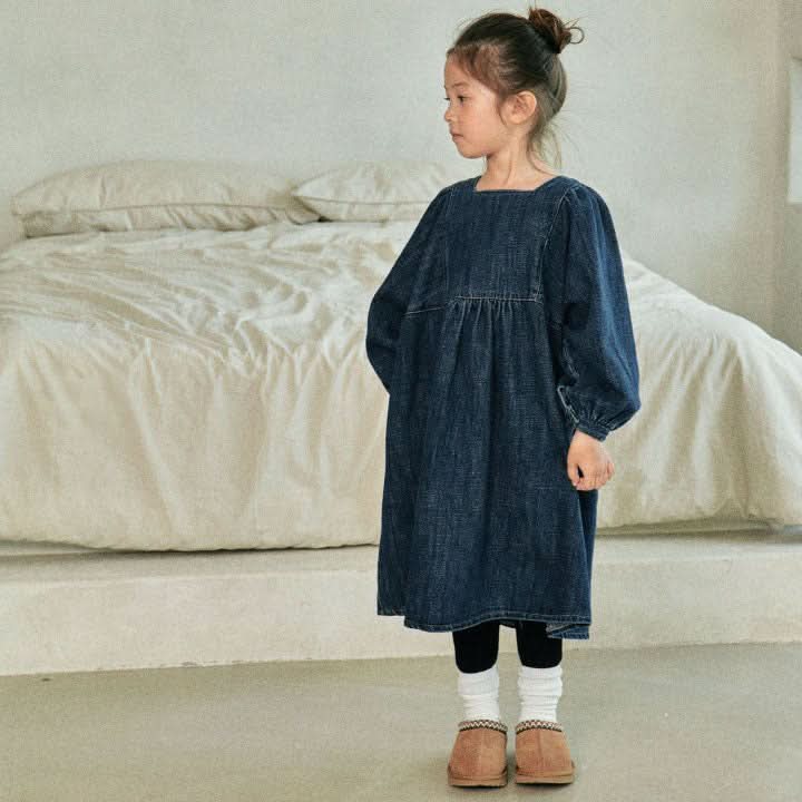 Toddler Square Neckline Denim Dress (3-8y) - Blue - AT NOON STORE