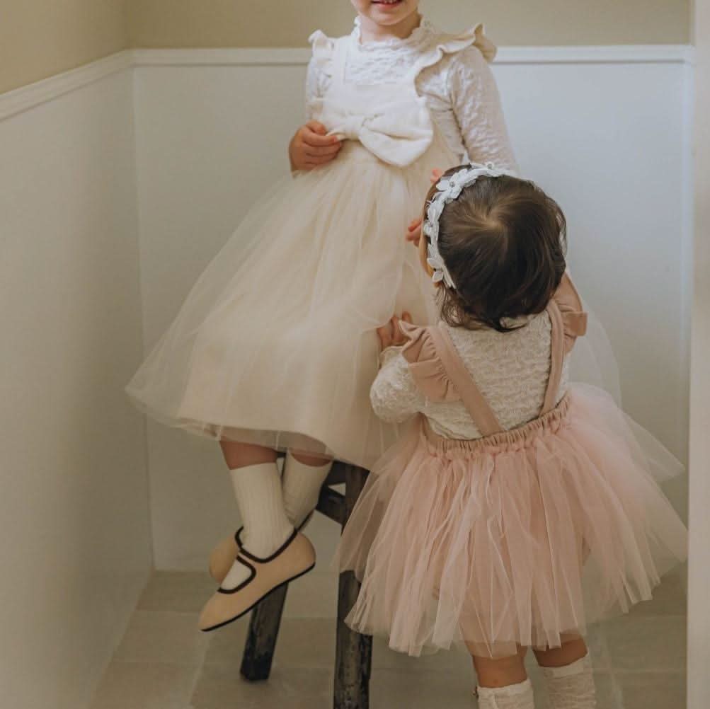 Girls Ruffle Shoulder Sleeveless Front Bow Tutu Dress (2-6y) - Ivory - AT NOON STORE