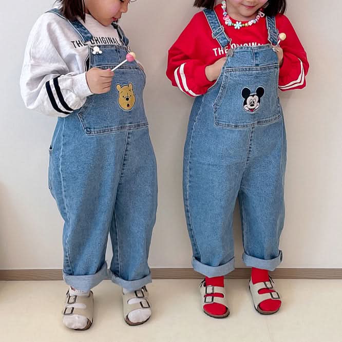 Toddler Disney Mickey and Pooh Face Embroidery Kangaroo Pocket Denim Overalls (2-7y) -2 Colors - AT NOON STORE