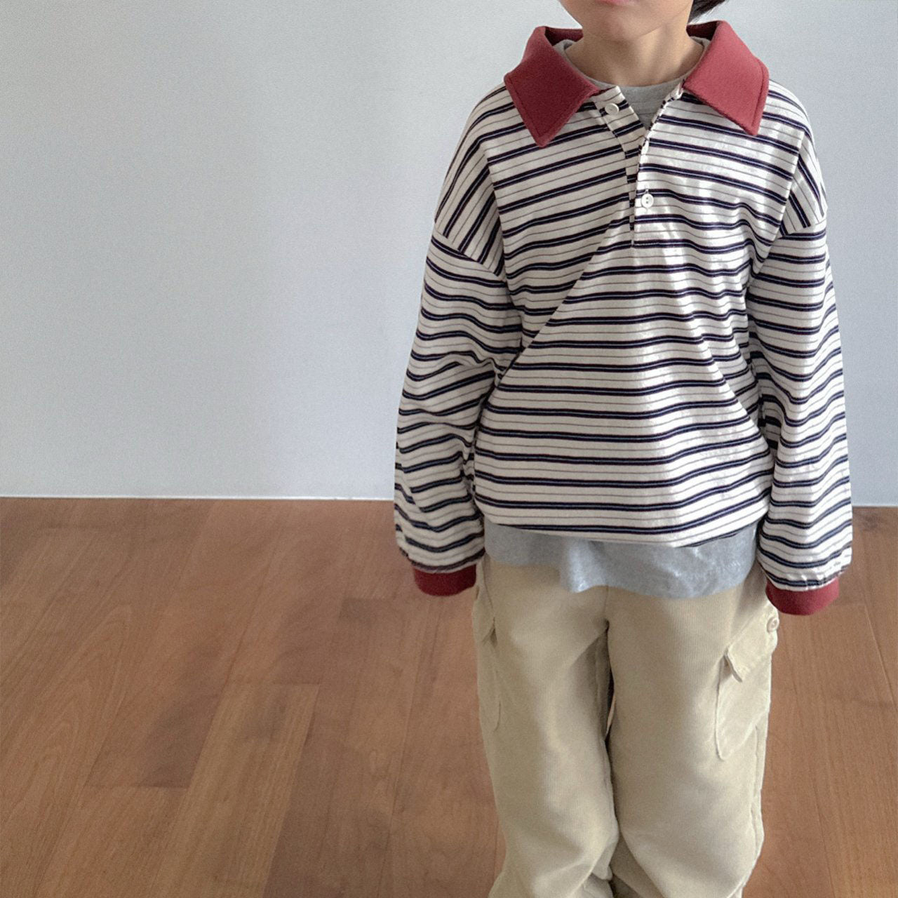 Toddler W25 Adjustable Hem Stripe Collar Long Sleeve Top (2-7y) - 3 Colors