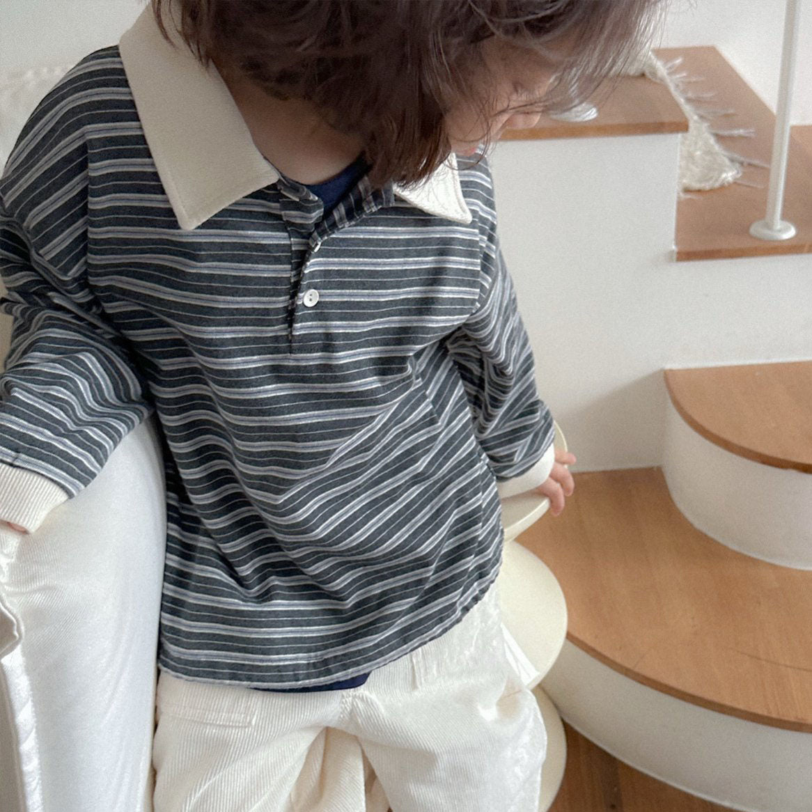 Toddler W25 Adjustable Hem Stripe Collar Long Sleeve Top (2-7y) - 3 Colors