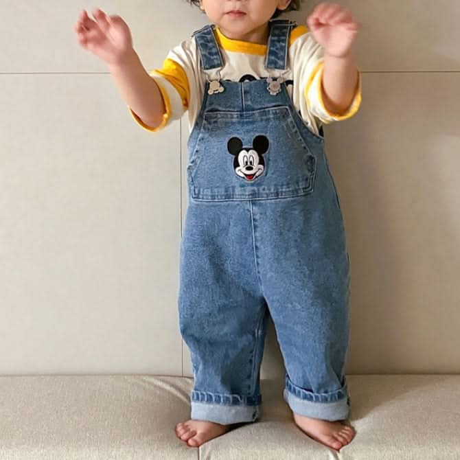 Toddler Disney Mickey and Pooh Face Embroidery Kangaroo Pocket Denim Overalls (2-7y) -2 Colors - AT NOON STORE
