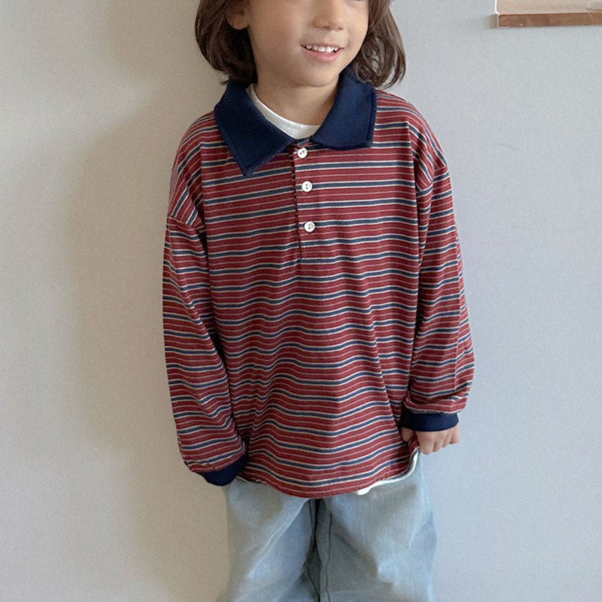 Toddler W25 Adjustable Hem Stripe Collar Long Sleeve Top (2-7y) - 3 Colors