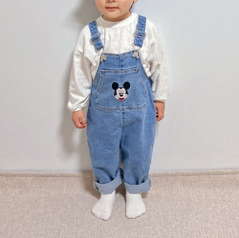 Toddler Disney Mickey and Pooh Face Embroidery Kangaroo Pocket Denim Overalls (2-7y) -2 Colors - AT NOON STORE