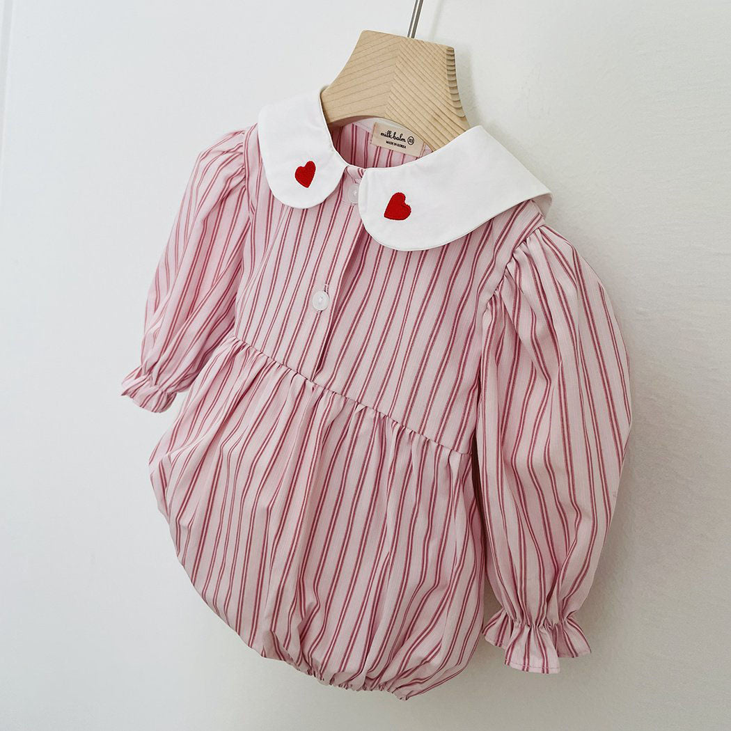 Baby Milk F25 Heart Embroidery Collar Stripe Bubble Romper (3-18m) - Pink - AT NOON STORE