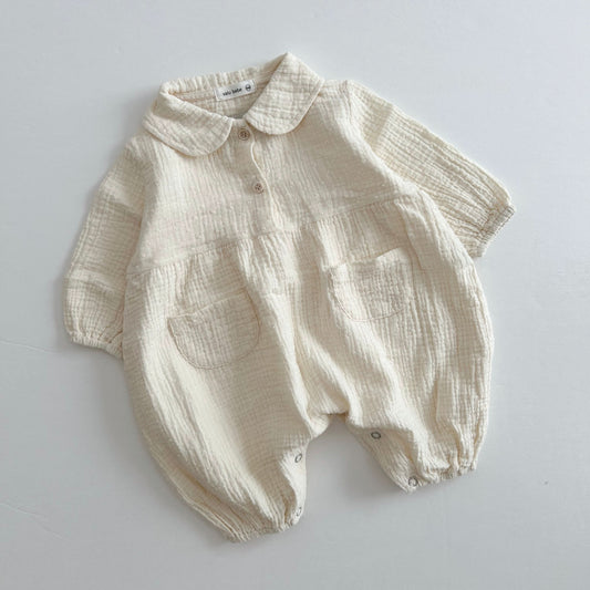 Baby Peter Pan Collar Double Pocket Swiss Dot Jumpsuit (6-18m) - Ivory - AT NOON STORE