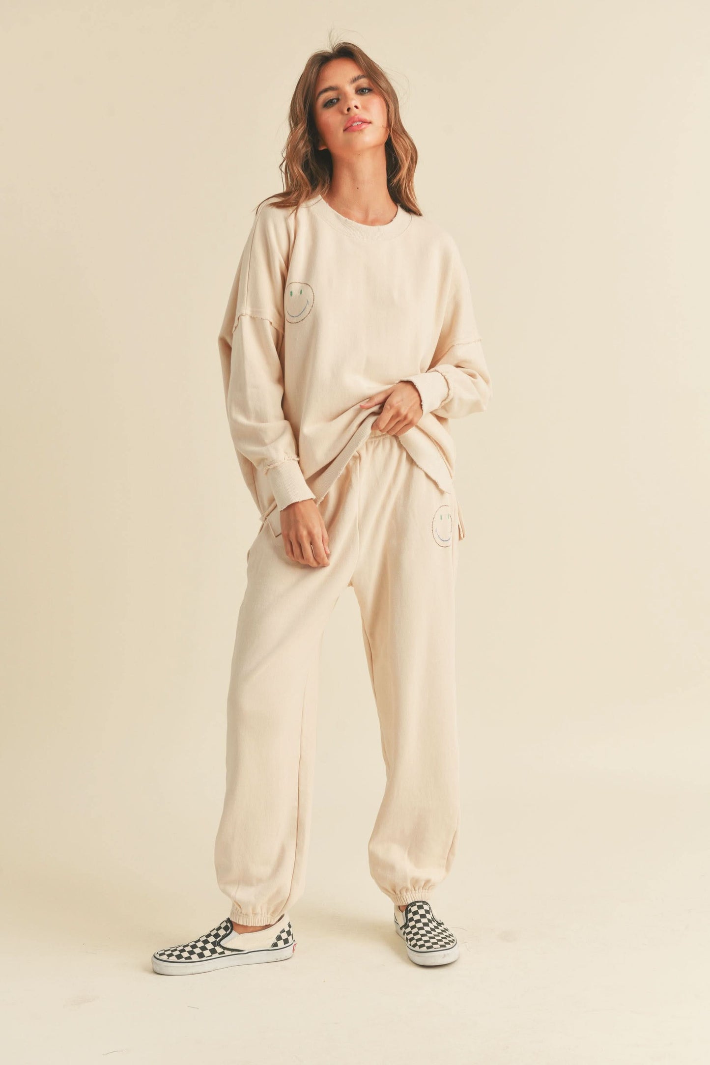 Mama French Terry Smile Print Sweatpants - Beige - AT NOON STORE