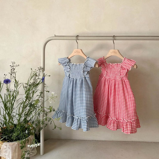 Toddler Monbebe Gingham Ruffle Short Sleeve Dress (1-6y) - 2 Colors - AT NOON STORE