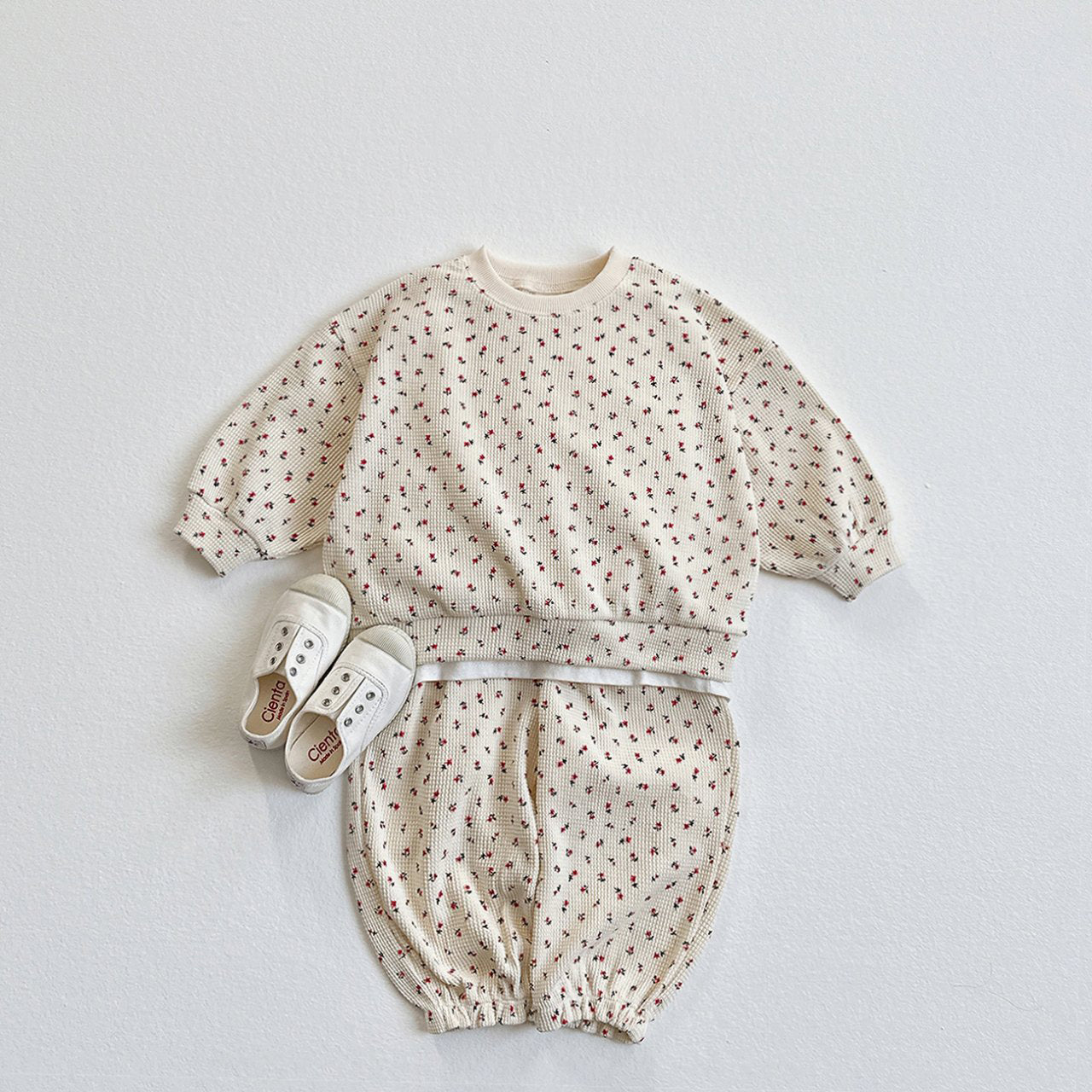 Toddler SP26 Floral Waffle Long Sleeve Sweatshirt and Jogger Pants Set (1-6y) - Ivory - AT NOON STORE