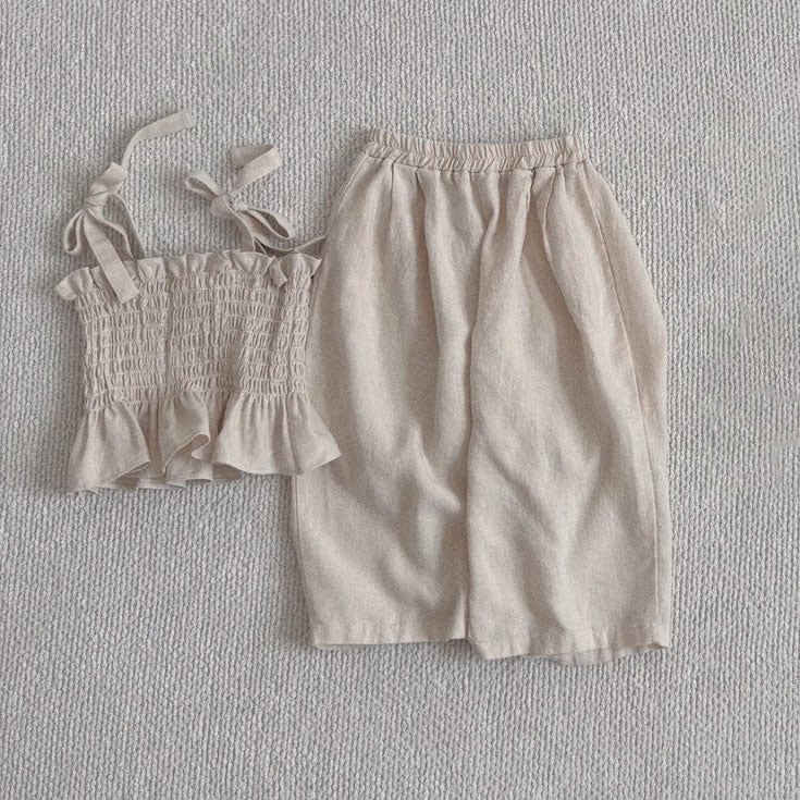 Baby Toddler Bella SS25 Tie Shoulder Smocked Top and Wide Pants Set (6m-3y) - Beige - AT NOON STORE