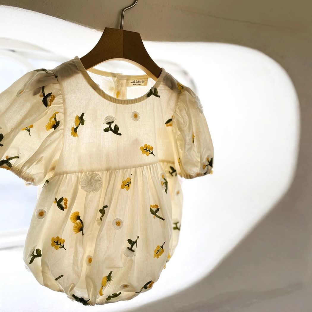 Baby Milk Floral 3D Embroidery Short Sleeve Romper (0-24m) - Floral Ivory - AT NOON STORE