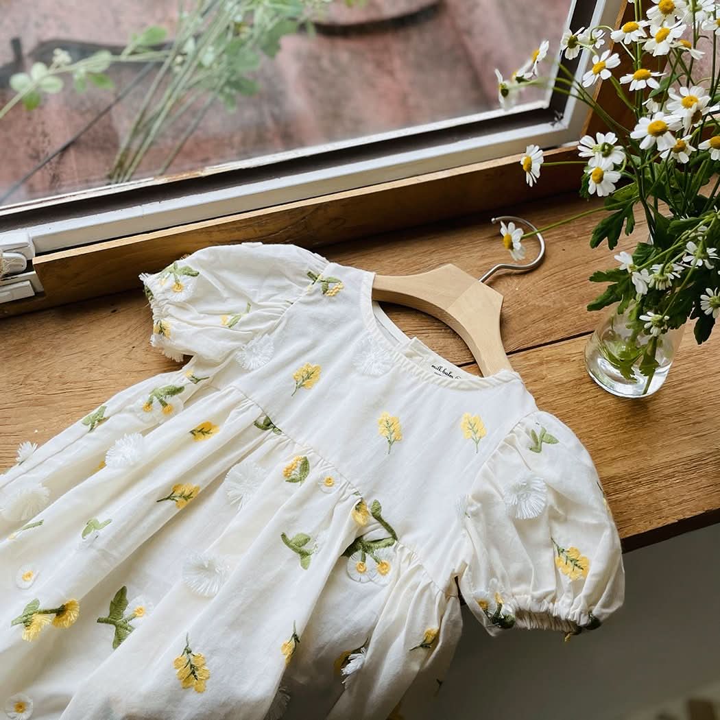 Toddler Milk Floral 3D Embroidery Short Sleeve Dress (1-6y) - Floral Ivory - AT NOON STORE