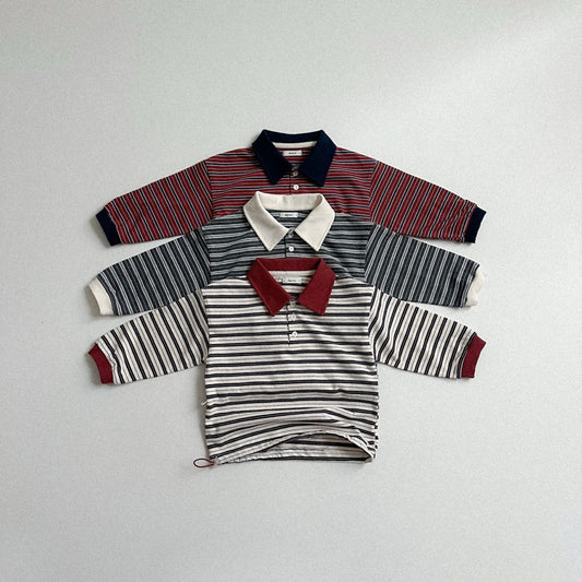 Toddler W25 Adjustable Hem Stripe Collar Long Sleeve Top (2-7y) - 3 Colors