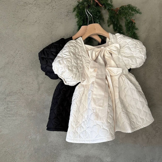 Toddler Monbebe Puff Sleeve Tie Bow Quilted Dress  (1-6y) - AT NOON STORE