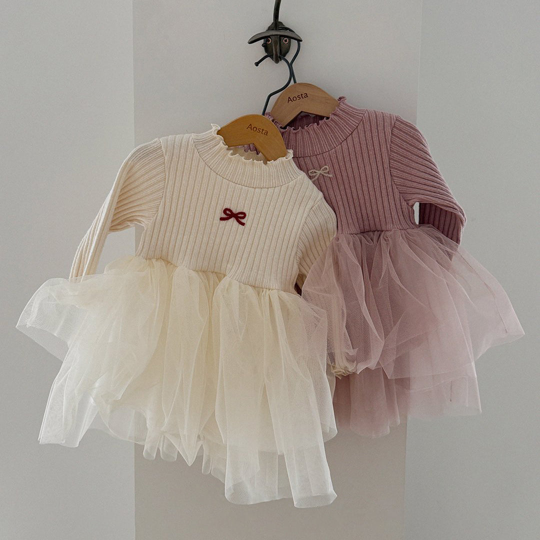 Baby/Toddler Aosta W25 Bow Embroidery Ribbed Lettuce-Edge Top Tutu dress (3m-5y)- 2 Colors