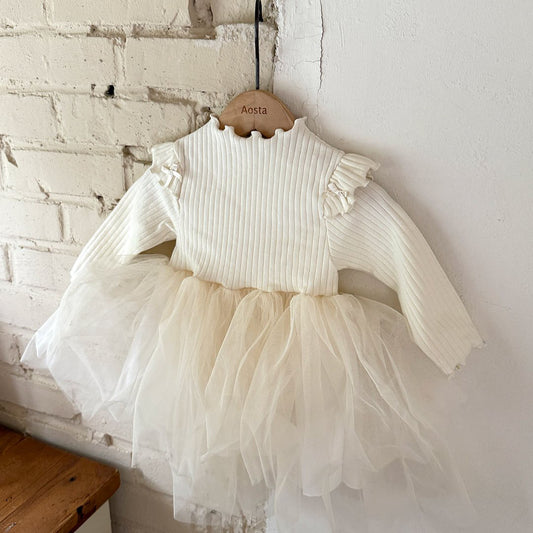 Baby/Toddler Aosta F25 Ribbed Lettuce-Edge Top Tutu dress (3m-5y)- Ivory - AT NOON STORE