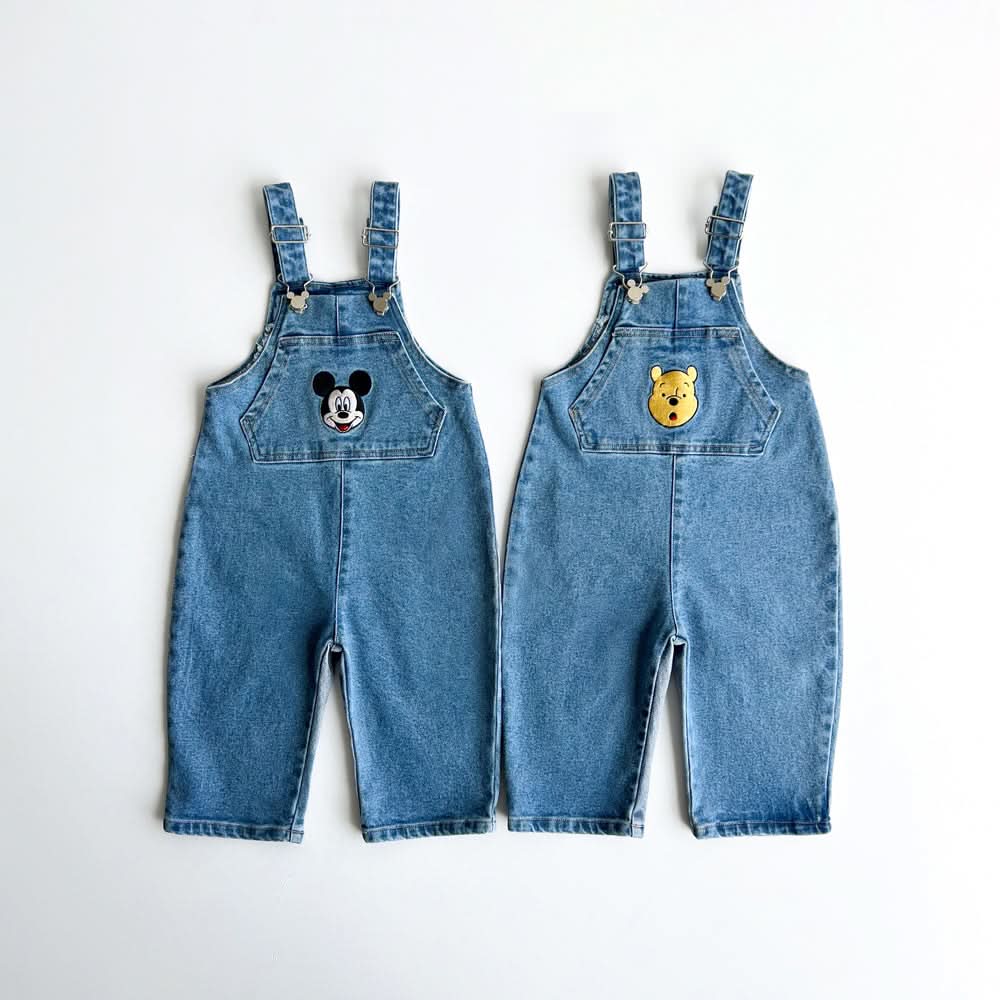 Toddler Disney Mickey and Pooh Face Embroidery Kangaroo Pocket Denim Overalls (2-7y) -2 Colors - AT NOON STORE