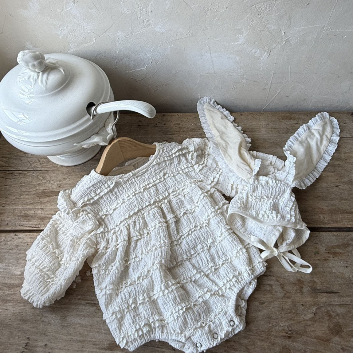 Baby Lace Romper and Bunny Bonnet Set (3-12m) - Ivory