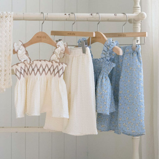 Baby Toddler S25 Ruffle Shoulder Smocked Bodice Top and Wide Pants Set (2-7y) - 2 Colors - AT NOON STORE