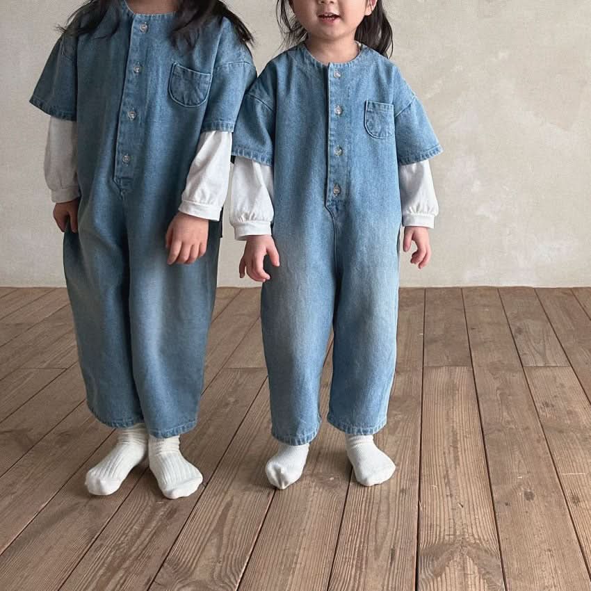 Kids Bella Front Button Short Sleeve Denim Jumpsuit (2-7y) - Denim - AT NOON STORE