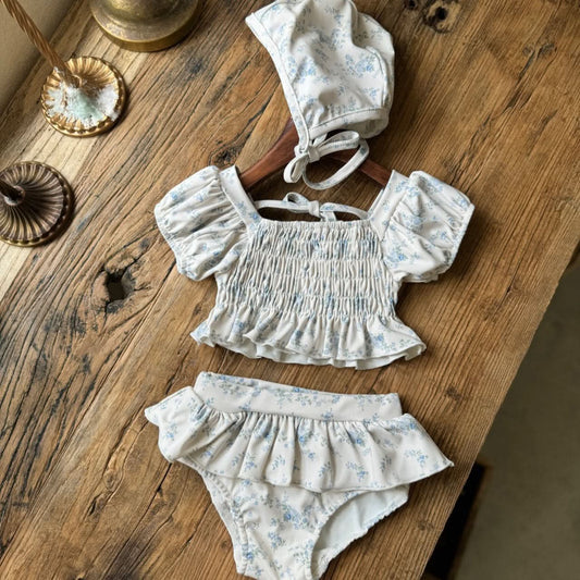 Girl's 3-Piece Tie Back Puff Sleeve Ruffle Bikini and Swim Bonnet Set (6m-6y) - Blue Floral - AT NOON STORE
