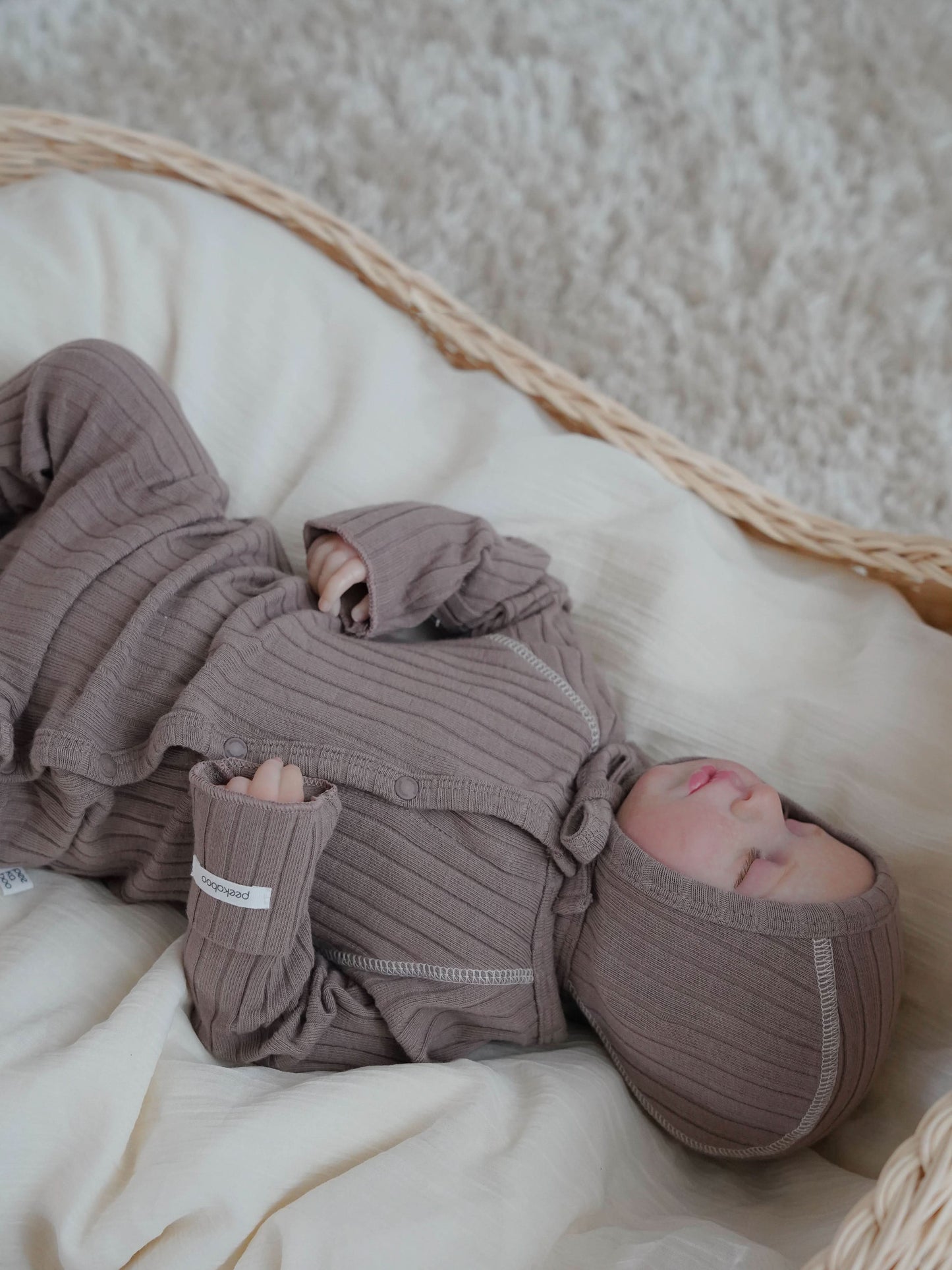 Baby Stitch Detail Ribbed Jumpsuit and Bonnet Set (0-3m)- Beige - AT NOON STORE