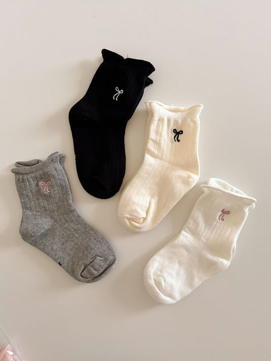 Toddler Bow Embroidery 4PK Socks Set (3-8y) - Black Set - AT NOON STORE