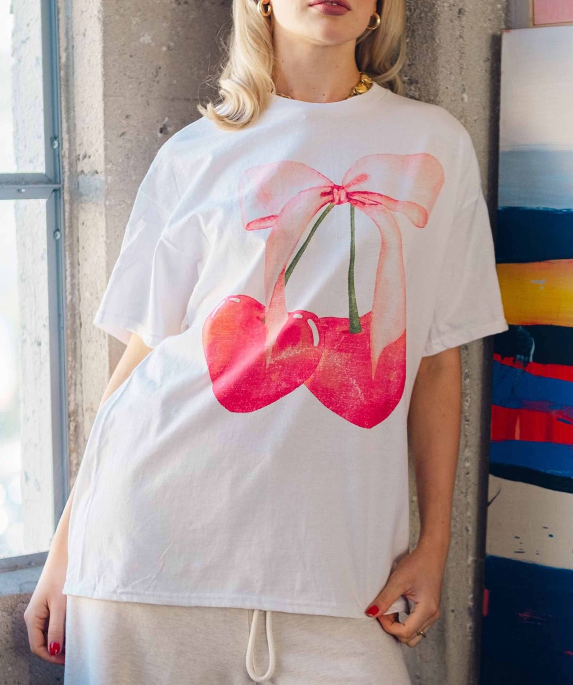 Women's Cherry Bow Graphic Tee - White - AT NOON STORE