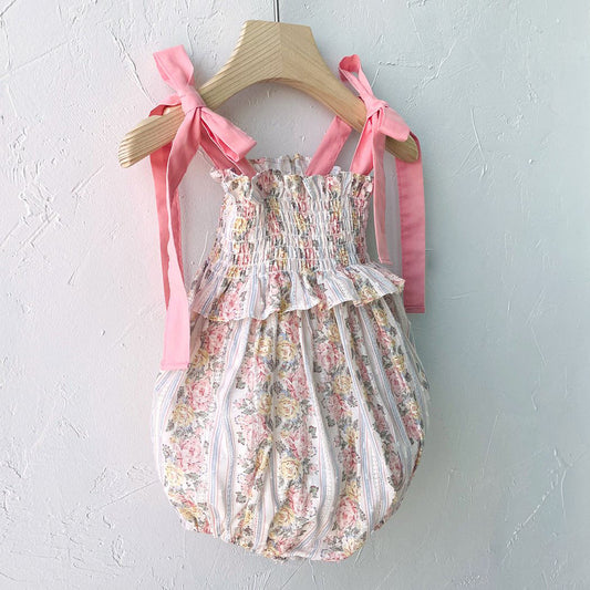 Baby Milk SS25 Tie Shoulder Smocked Bodice Romper (3-18m) - Floral - AT NOON STORE