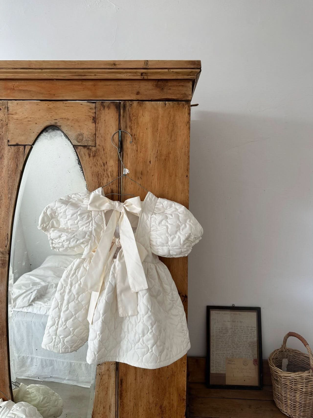 Toddler Monbebe Puff Sleeve Tie Bow Quilted Dress  (1-6y) - AT NOON STORE