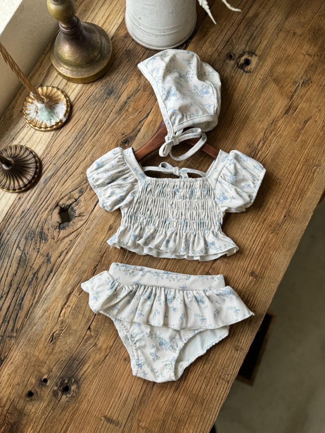 Girl's 3-Piece Tie Back Puff Sleeve Ruffle Bikini and Swim Bonnet Set (6m-6y) - Blue Floral - AT NOON STORE