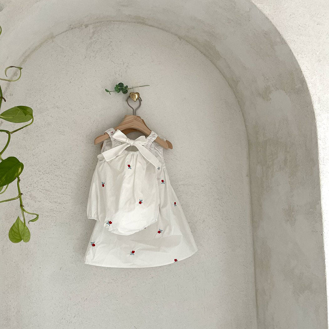 Baby Milk SS25 Floral Embroidery Sleeveless Tie Back Bubble Romper (3-18m) - Ivory - AT NOON STORE