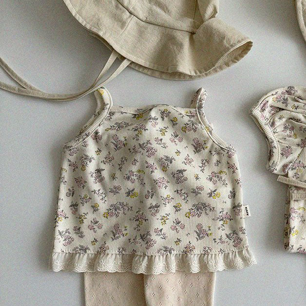Baby/Toddler Aosta SS25 Floral Ribbed Noodle Strap Top  (3m-5y)- Ivory - AT NOON STORE