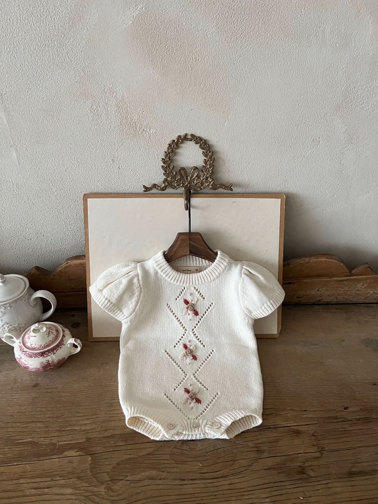 Baby Floral Embroidery Short Sleeve Knit Romper (0-24m) - Ivory - AT NOON STORE