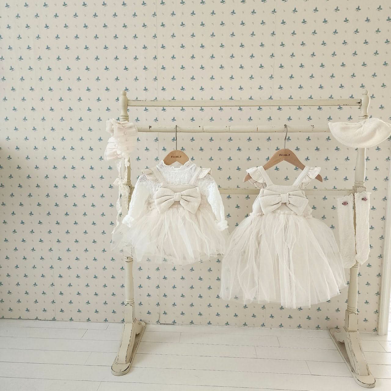 Girls Ruffle Shoulder Sleeveless Front Bow Tutu Dress (2-6y) - Ivory - AT NOON STORE