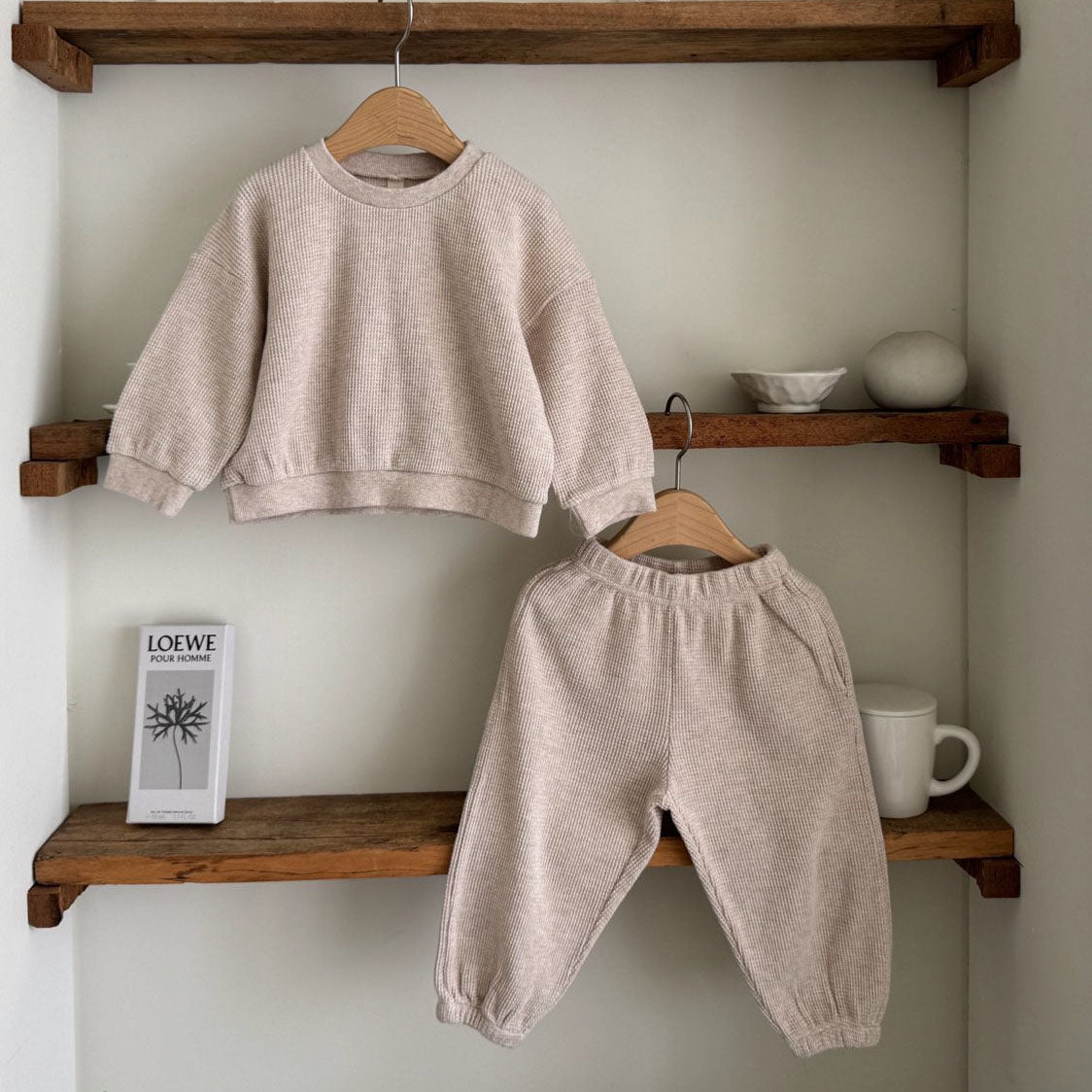 Kids F25 Waffle Long Sleeve Sweatshirt and Jogger Pants Set (1-6y) - Beige - AT NOON STORE