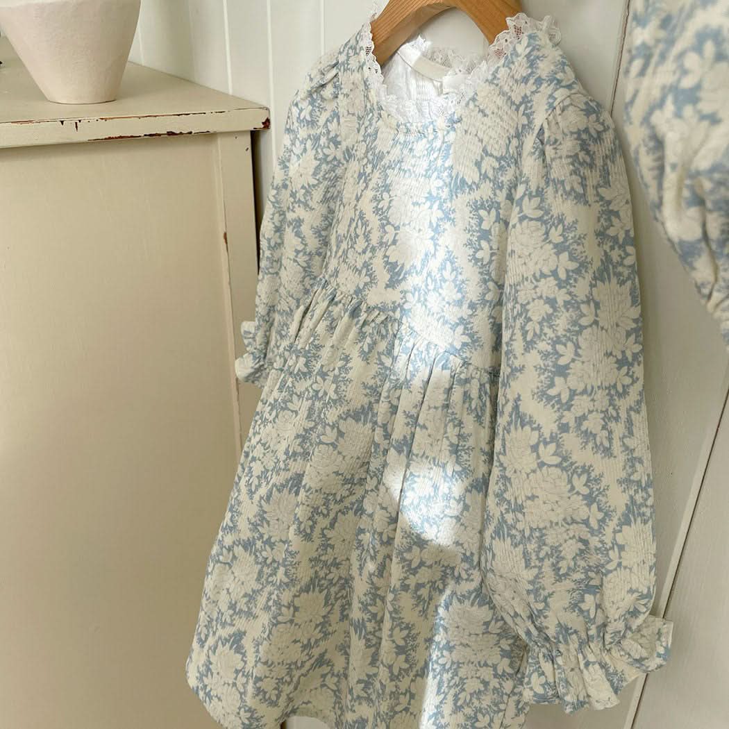 Toddler Lace Neck Trim Frill Cuffs Dress (3m-5y) - Blue - AT NOON STORE