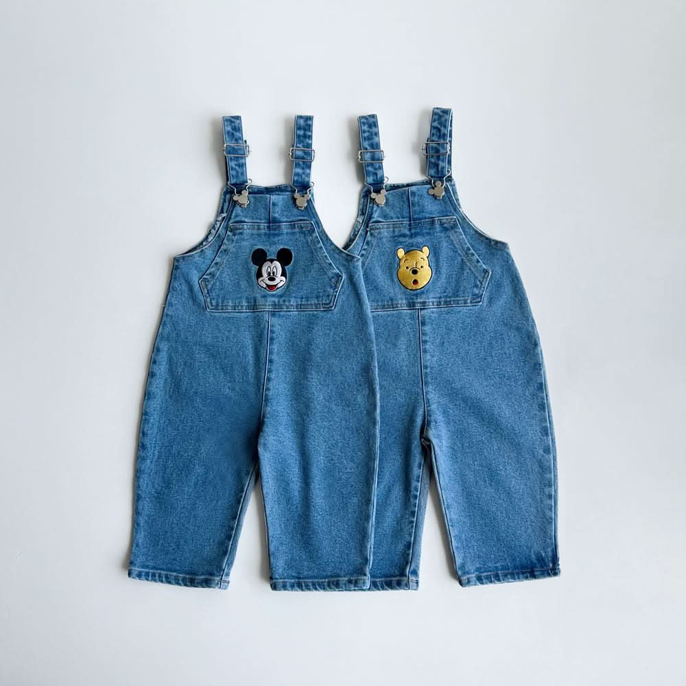 Toddler Disney Mickey and Pooh Face Embroidery Kangaroo Pocket Denim Overalls (2-7y) -2 Colors - AT NOON STORE