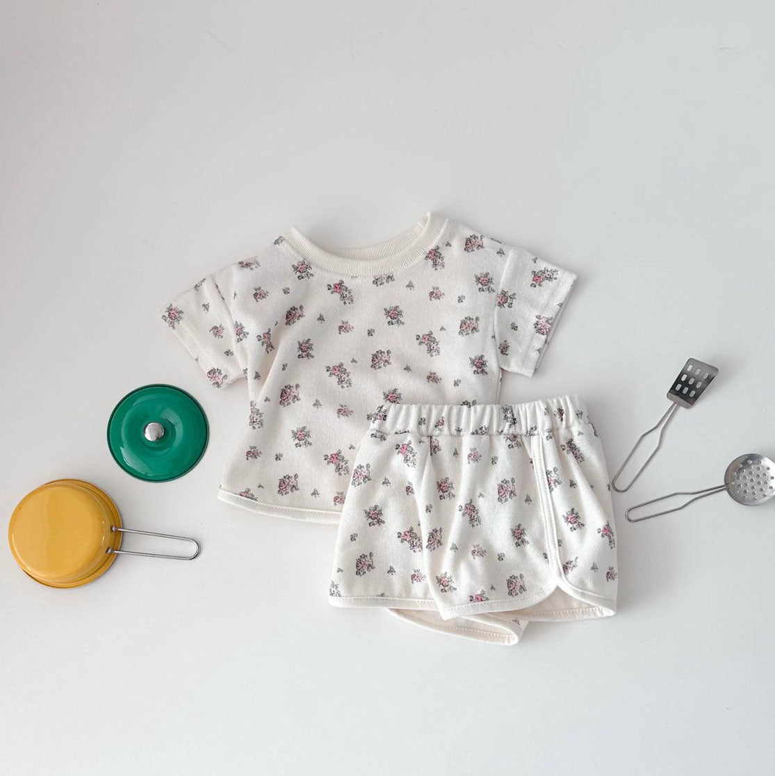 Kids SS25 Terry Cloth Floral Short Sleeve Top and Shorts Set (1-7y) - Ivory - AT NOON STORE