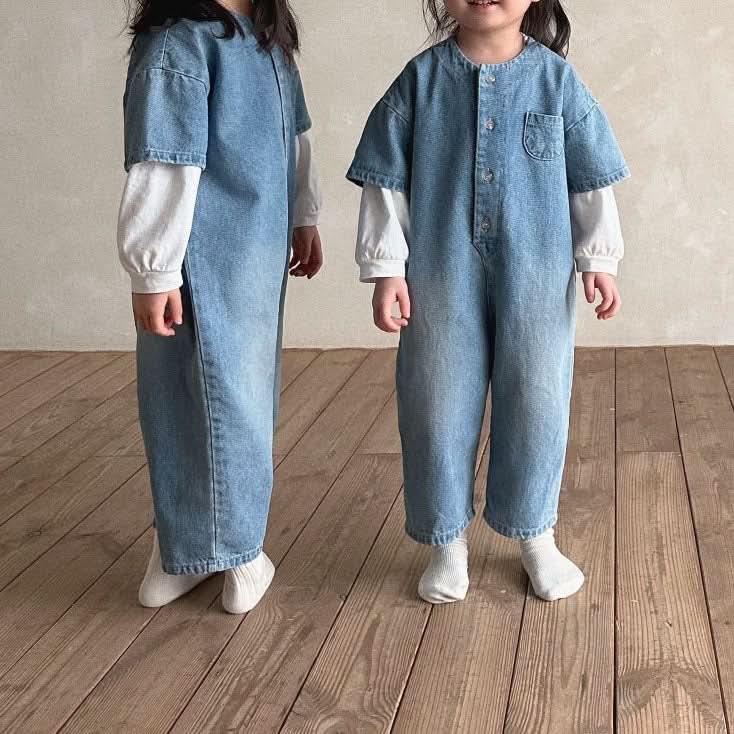 Kids Bella Front Button Short Sleeve Denim Jumpsuit (2-7y) - Denim - AT NOON STORE