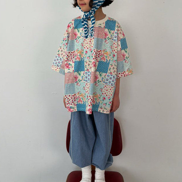 Toddler SP26 Quilted Print Short Sleeve Loose Fit Top (1-6y) - Blue - AT NOON STORE