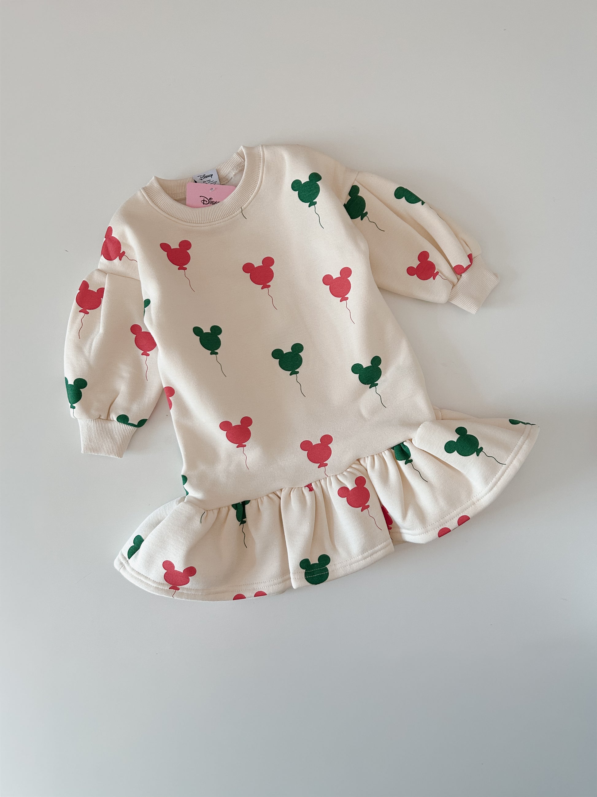 Toddler Holiday Micky Balloon Print Brushed Fabric Ruffled Hem Dress (15m-7y) -Cream - AT NOON STORE