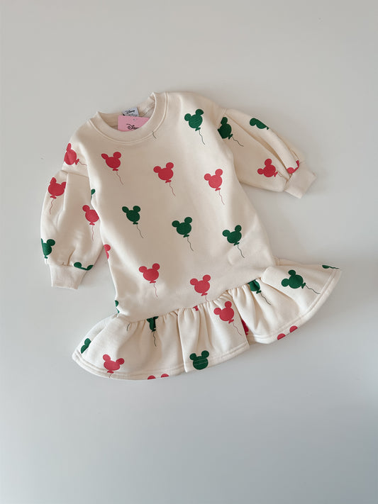 Toddler Holiday Micky Balloon Print Brushed Fabric Ruffled Hem Dress (15m-7y) -Cream - AT NOON STORE