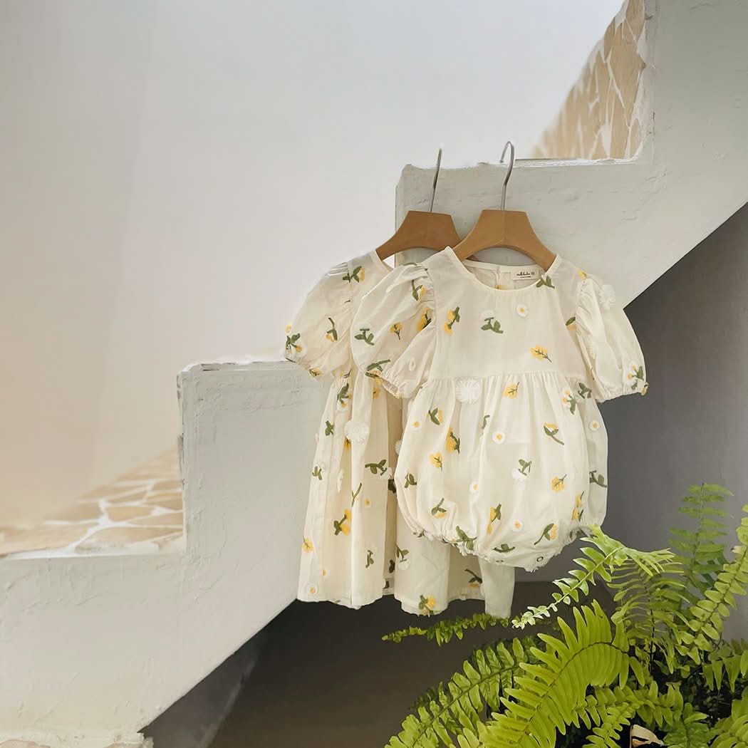 Toddler Milk Floral 3D Embroidery Short Sleeve Dress (1-6y) - Floral Ivory - AT NOON STORE