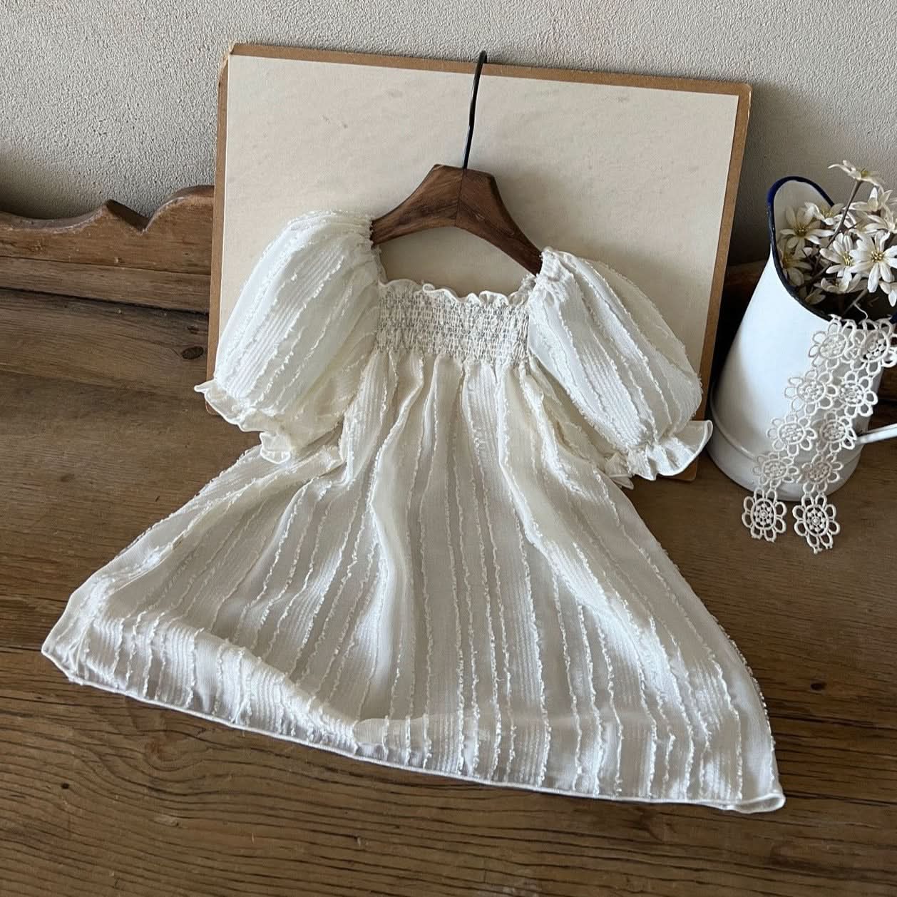 Girl Milky Way Smocked Yoke Short Puff Sleeve Dress (1-6y) - Ivory - AT NOON STORE