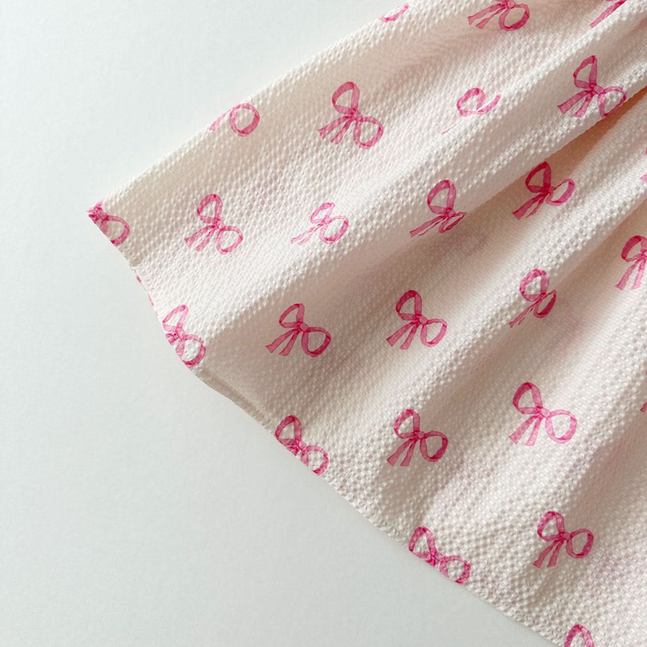 Kids Seersucker Square Neck Puff Sleeve Dress (1-6y) - Pink Bow Print - AT NOON STORE