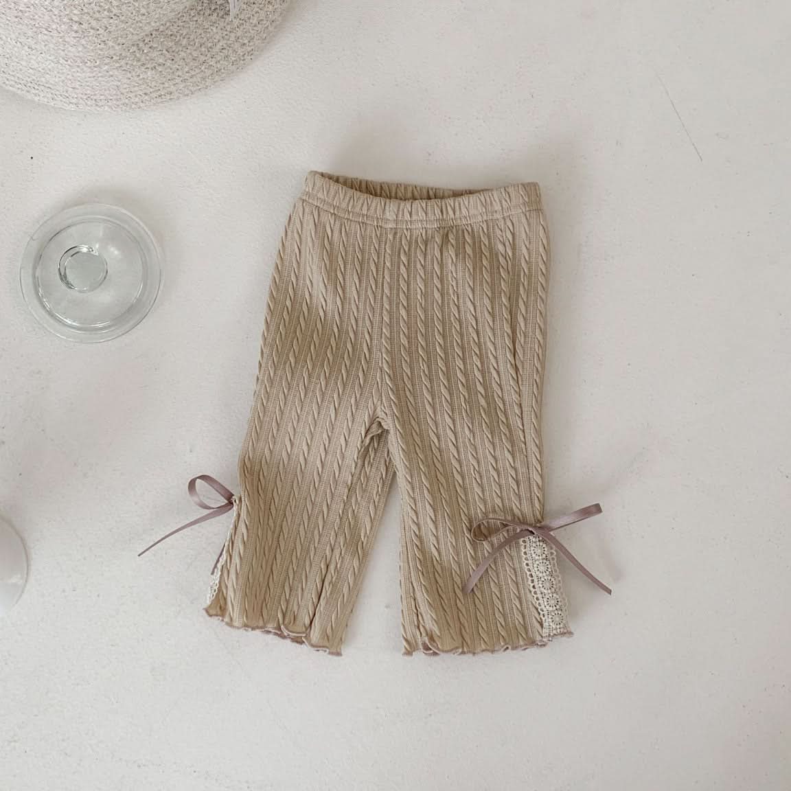 Baby S25 Bow and Lace Trim Cable Flare Pants (3-18m) - Beige - AT NOON STORE