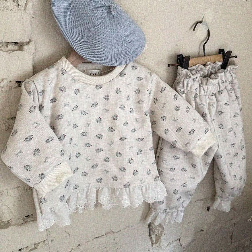 Baby Toddler Aosta Floral Print Lace Trim Hem Sweatshirt and Pants Set (3m-5y) - 3 Colors - AT NOON STORE