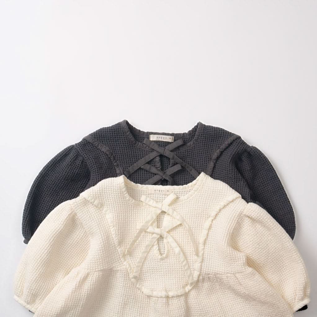 Toddler Anggo Waffle Puff Sleeve Front Bow Dress (1-6y) - 2 Colors - AT NOON STORE