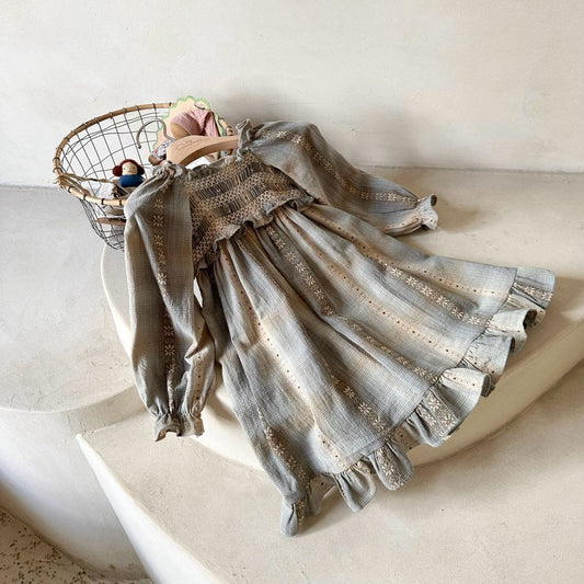 Toddler Monbebe F25 Floral Embroidered Check Smocked Bodice Ruffle Dress (1-8y) - Mint - AT NOON STORE